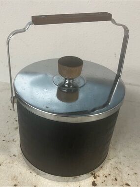 Black Ice Bucket with Chrome Lid and Wooden Handle - Unbranded